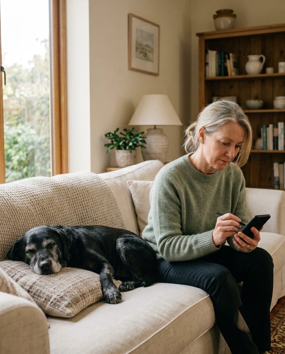 An owner logging a diary entry on her phone while her senior Labrador sleeps beside her on the sofa