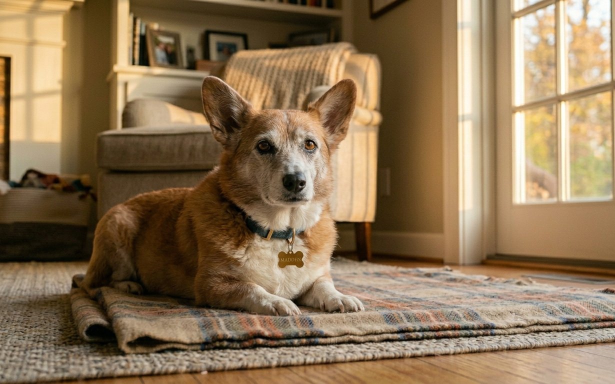 A senior corgi resting on a rug at home